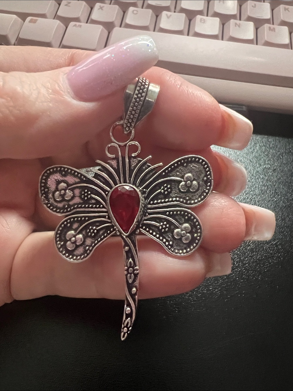 Sterling-Style Dragonfly Pendant Necklace with Red Stone